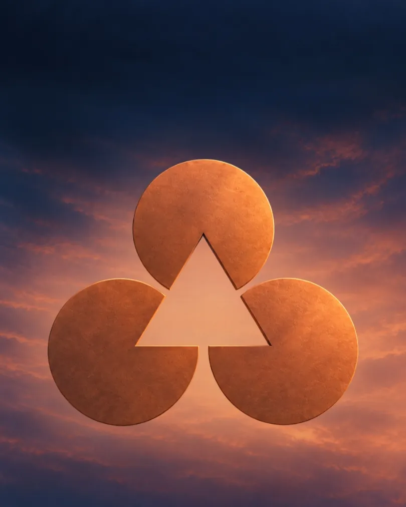 Three copper discs, each with a wedge cut away, arranged so a triangle seems to float between them