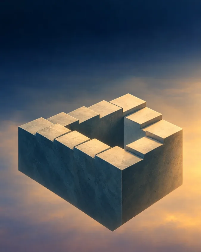 An endless staircase that loops back on itself, floating in a golden sky