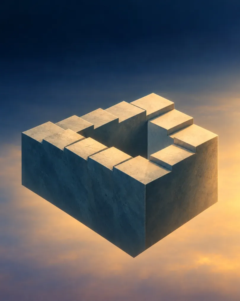 An endless staircase that loops back on itself, floating in a golden sky