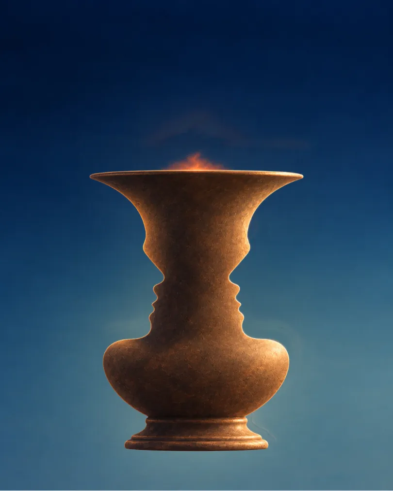 A bronze vase whose outline also forms two faces in profile, looking at each other